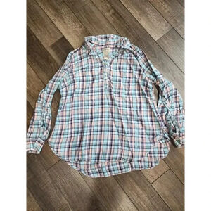 BLUE MOUNTAIN Tunic Shirt Top XL Blue Pink Plaid Popover Long Sleeve Buttons